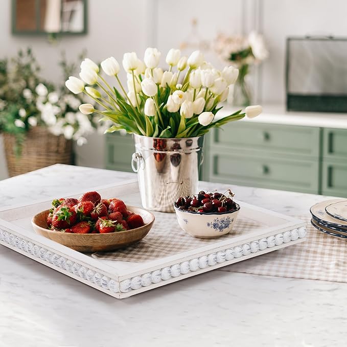 HPC Decor 12in Square Decorative Tray for Home Decor- White Wood Beaded Tray- Decorative Square Tray for Living Room Decor, Coffee Table Decor, Kitchen Table Decor or Farmhouse Serving Tray