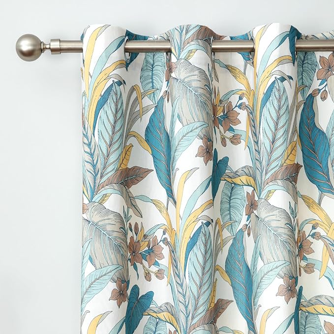 Leeva Printed Window Curtain Set of 2, Lake Blue Leaves Pattern Window Treatment for Living Room, Grommet Room Darkening Curtains 63 Inches Long, 52 x 63