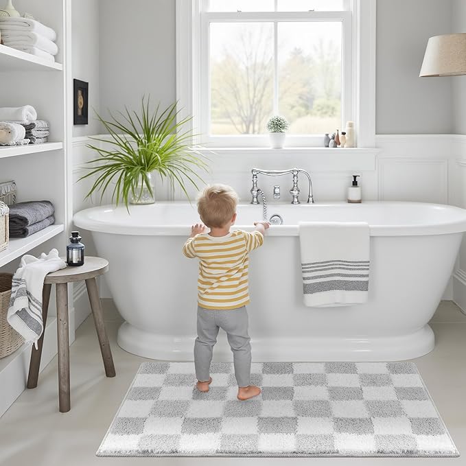 GRANNY SAYS Checkered Grey Bathroom Rugs, 36" x 24", Non-Slip Bath Mats for Bathroom, Plush Shag Absorbent Microfiber Ultra Soft Bath Mat, Cute Washable Rug for Tub, Shower, Bedroom