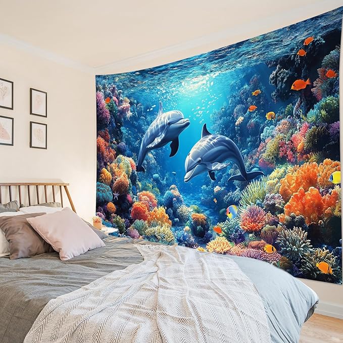 HVEST Blue Ocean Dolphin Tapestry Wall Hanging Tropical Fish Coral in Underwater World Wall Art Summer Sea Nature Landscape Tapestry for Bedroom Living Room Dorm Wall Decor, 40L X 60W inches