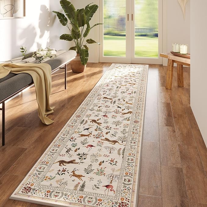 Runners for Kitchen Runner Rug Non Slip 2'x10' Long Washable Rugs with Rubber Backing Soft Floral Animal Carpet Runner for Kitchen, Laundry, Bedroom, Bathroom (Beige)