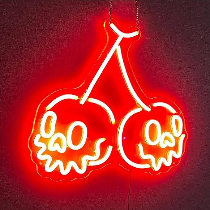 Skull Neon Sign,Cherry Wall Decor for Bedroom,Halloween Horror Decor,Gothic Red Light for Party,USB Powered Cherry Skull,Goth Lover Gifts-15"Red