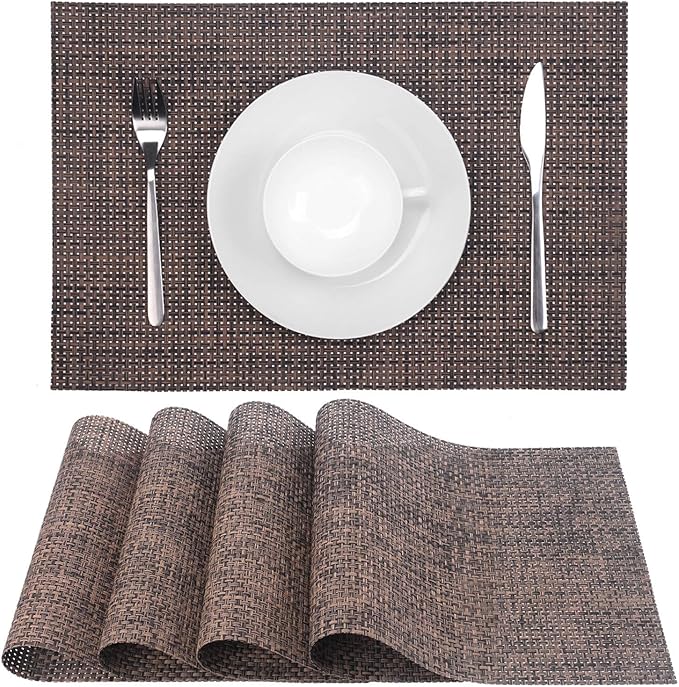 Zupro Placemats Set of 4 for Kitchen Dining Table Washable Braided Table Mats Heat-Resistant Placemats Non-Slip Woven PVC Vinyl Place Mats for Everyday use or Holidays Dinner BBQs 18"x12"(Coffee