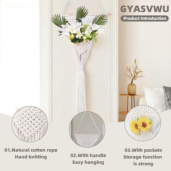 GYASVWU Cotton Rope Boho Wall Decor, Macrame Wall Hanging Decor, White Wall Art with Woven Pocket, Woven Wall Decor for Dried Flower Storage/Pampas Grass Decor/Living Room Decor/Bedroom Decor (White)