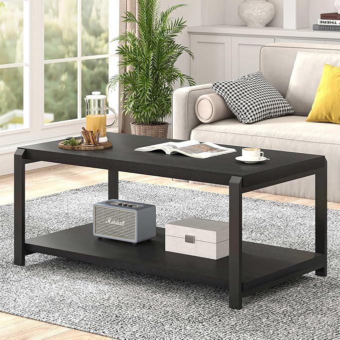 EXCEFUR Black Coffee Table, Modern Rustic Wood Center Table for Living Room, Industrial Rectangle Cocktail Tea Table with Storage Shelf