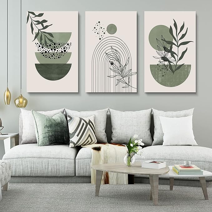 Sage Green Wall Posters & Prints, Green Boho Wall Art Set of 3, Minimalist Framed Wall Art Geometric Line Leaf Sun Moon Beige Green Canvas Artwork Paintings