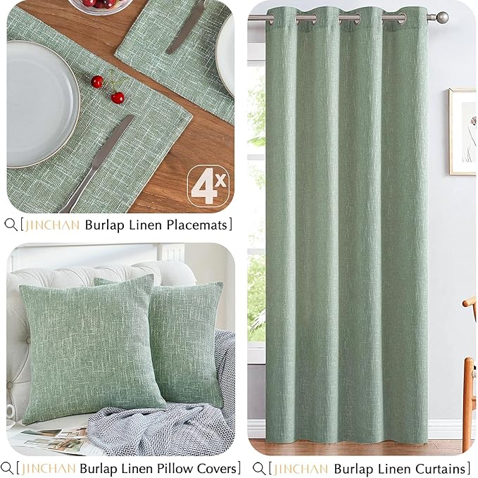 JINCHAN Burlap Textured Placemats Set of Four Farmhouse Cloth Place Mats Table Mats Sturdy Fabric Placemats for Kitchen Dining Table Double Layer Heat Resistant Tablemats 13 x 19 Inch Sage Green
