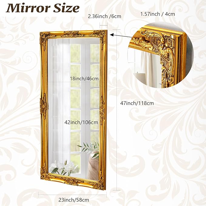 Chende 23" x 47" Gold Vintage Mirror for Wall, Decorative Wall Mirror with Wood Ornate Frame, Large Bathroom Mirror Wall Mounted, Elegant Gold Mirror for Entryway, Hallway, Home Office