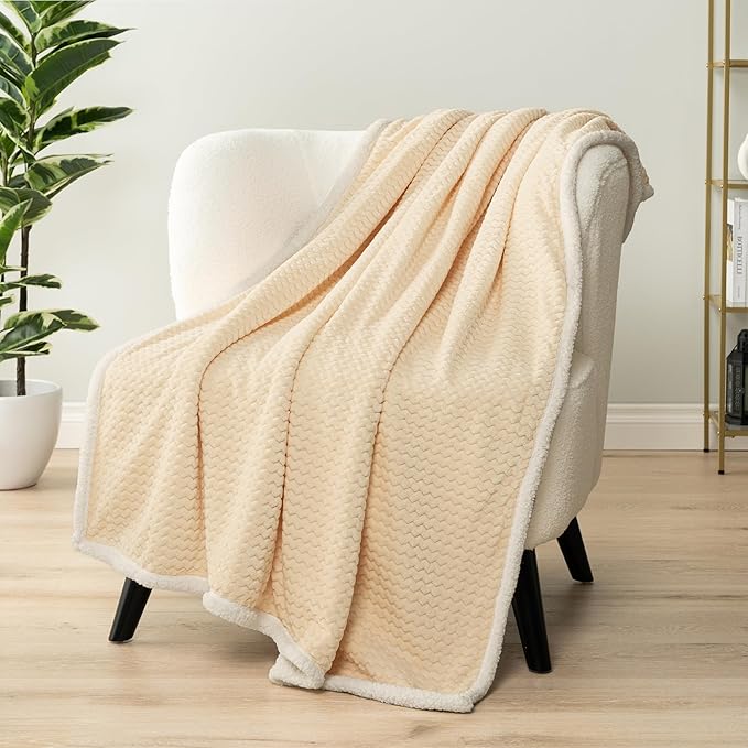 PAVILIA Cream Couch Blanket Throw Reversible Sherpa Chevron, Soft Cozy Jacquard Weave Textured Blanket for Sofa Bed, Thick Warm Large Fleece Car Blanket, Decorative Plush Home Decor, 50x60 Ivory Beige