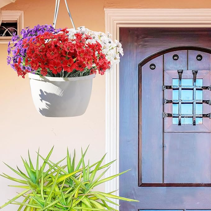 22 Bundles Artificial Flowers Outdoor, Faux Flowers UV Resistant with Plastic Plants, Faux Silk Flowers for Outdoors Outside Front Porch Hanging Planter Window Box Garden Decoration(Red)