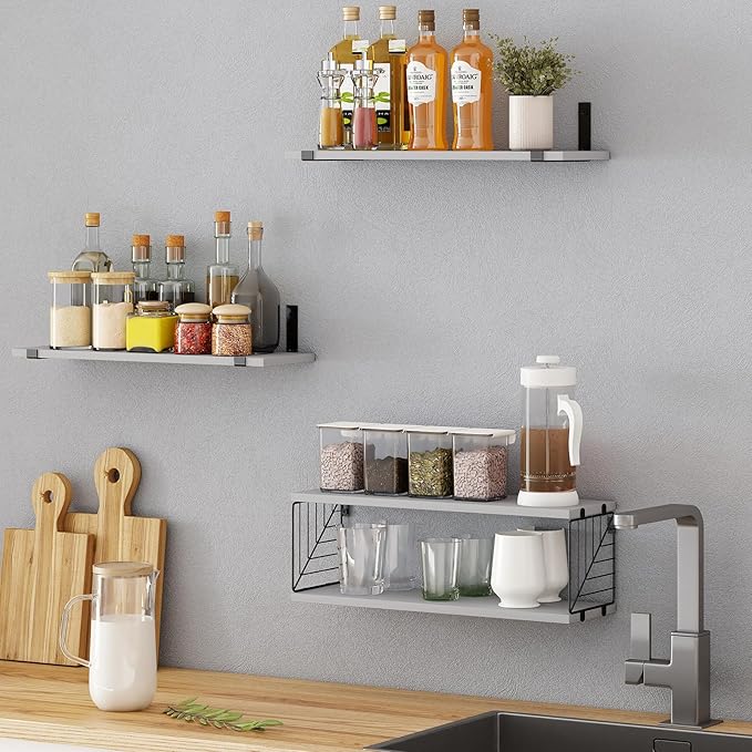 Fixwal 3+1 Tier Bathroom Floating Shelves Over Toilet, 15.8in Farmhouse Rustic Wood Shelves, Wall Decor for Bathroom, Living Room,Bedroom and Kitchen (Gray)