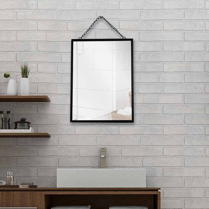 Black Hanging Mirror with Chain, 12 x 16 Inch Rustic Wall Decor for Bathroom, Entry, Dining Room, and Living Room. Metal Rectangle Vanity Mirror, Decorative Mirror.