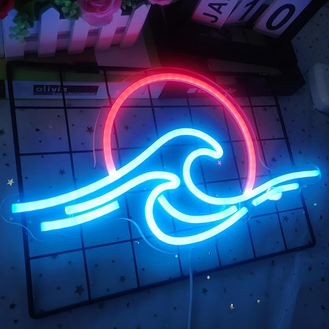 Sunrise Sunset Neon Sign Dimmable Wave Tropical Sunrise Ocean Neon Sign Surf Room Decor for Living Room Bedroom Office Bar Birthday Party Christmas (Ice blue,Red)