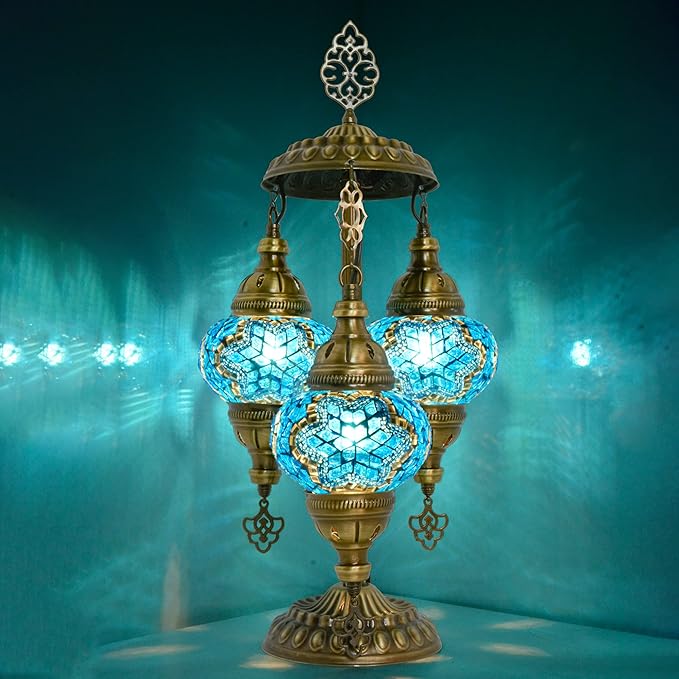 mozaist Moroccan Handmade Mosaic Table Lamp, Turkish Vintage Boho Style Desk Light, 3 Globe Bedside Country Décor for Home Lighting, Rural Authentic Unique Gift with US Plug & E12 Socket (Sea Blue)