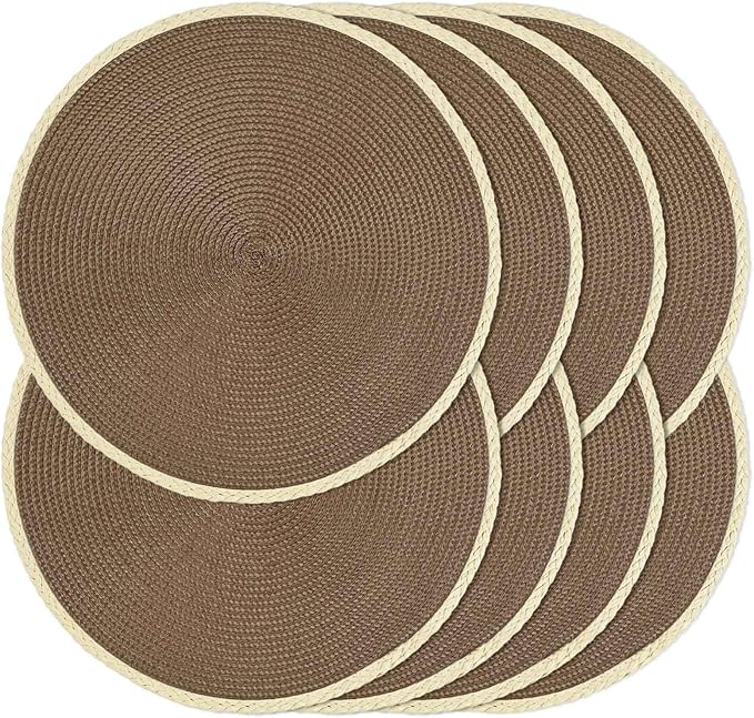 Noctiflorous Round Braided Placemats Set of 8 Table Mats 15 Inches Washable Heat Resistant for Dining Table Non-Slip Indoor Outdoor Place Mats for Easter(01 Coffee Brown 8)