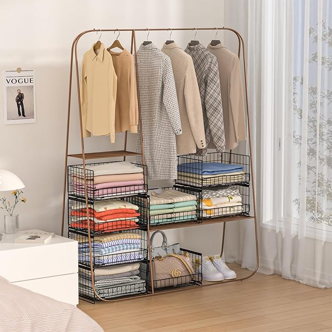 4-Tier Sliding Closet Organizers and Storage Shelves, Stackable Closet Shelf Organizer Basket Bins, Drawer Shelf Storage Container for Wardrobe Cupboard Kitchen Bathroom Office, Black