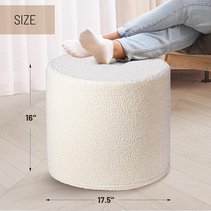 Round Pouf Ottoman and Foot Rest, Soft Boucle Footstool Ottomans for Living Room, Comfort Foam Stuffed Poofs for Couch Desk Resting Your Feet, White