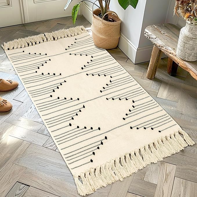 Tritard Boho Washable Area Rug 2x4.3 - Kitchen Bathroom Runner Rug with Tassels, Farmhouse Woven Cotton Entryway Throw Rugs Aztec Hallway Carpet Bath Mat for Bedroom, Laundry, Doorway, Beige Cream