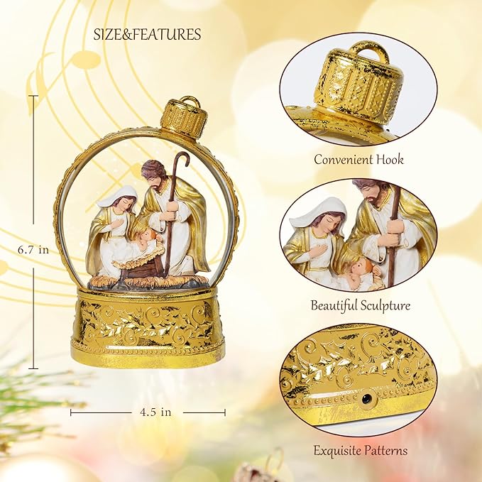 Christmas Snow Globes, 6.7" Nativity Glitter Water Lantern with Song, 6H Timer Battery & USB Powered Music Box for Christmas Decorations Indoor