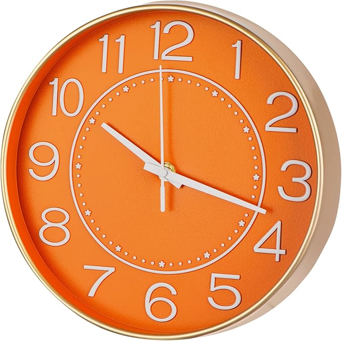 HZDHCLH Small Wall Clocks Battery Operated,Quartz Movement,Silent Non Ticking Modern Wall Clock for Living Room Bedroom Kitchen Office School Classroom Decor(10 inch,Orange & Gold)