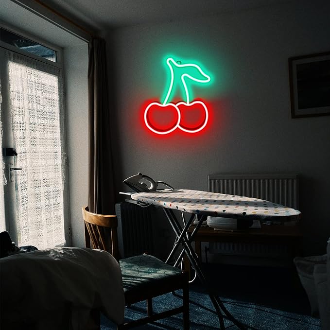 Cherry Neon Sign, Red Green Cherries Neon Lights, Cherry Neon Signs for Wall Decor, Cute Fruits LED Signs for Kids Room,Restaurant,Bar,Fruit Shop,Home Green+Red