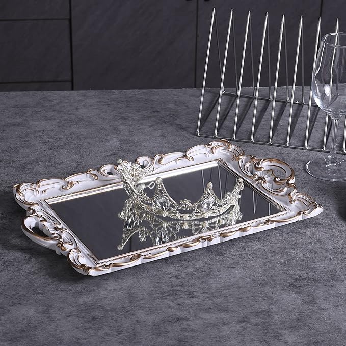 Sooyee Decorative Tray,Bathroom Tray Decor, 15.5x9.6 Mirror Serving Tray with Handle for Dessert Table,Coffee Table,Vanity,Home Decor,White and Gold