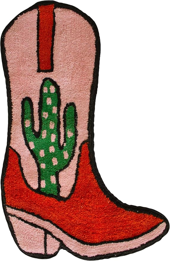 Cowboy Boot Bath Mat - Western Boot Shaped Rug with Pink, Rust, and Green Cactus Design - Water Absorbent (Boot Bath Mat)