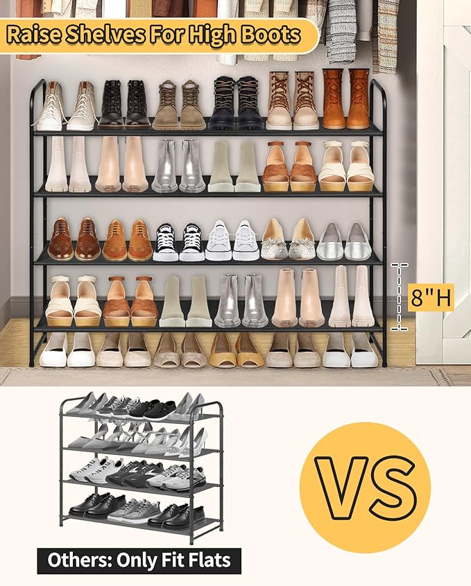 SLEEPING LAMB Long 4-Tier Shoe Organizer for Closet, Stackable Wide Shoe Rack Holds 30-Pairs Low Shoe Shelf Storage for Bedroom, Floor, Entryway(Black)