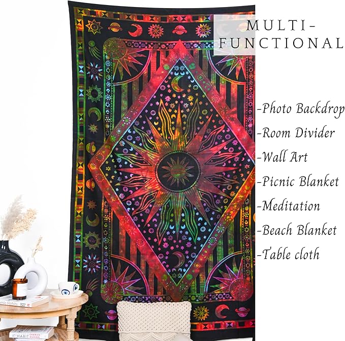 RAJRANG Sun and Moon Tapestry - 50x60 Inches Orange-Multi Cotton Indian Hippie Mandala Psychedelic Burning Sun Wall Hanging Bohemian Bedspread Trippy Celestial Zodiac Tapestries for Bedroom Decor