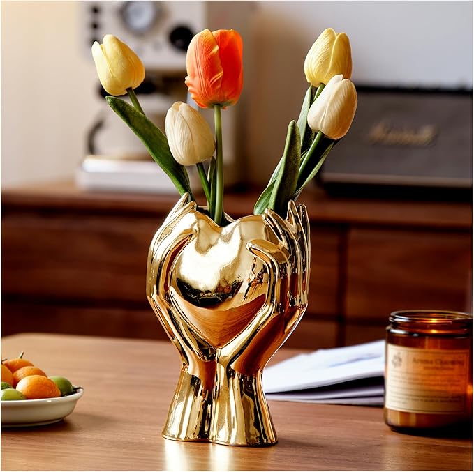 8" Heart Hand Gold Ceramic Vase - Unique Modern Aesthetic Flowers Vase for Living Room Bedroom Office Kitchen Table Centerpiece or Shelf Decor-Gifts for Wedding Bridal Shower Women Mom (Gold)