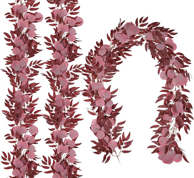 2Pcs Artificial Eucalyptus Garlands with Willow Leaves 6.6 Ft Faux Hanging Eucalyptus Willow Vines Fall Rattan for Thanksgiving Christmas Party Wedding Table Centerpiece Fireplace Decoration(Burgundy)
