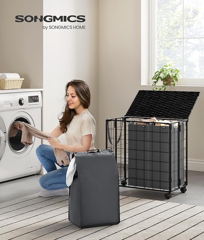 SONGMICS Laundry Hamper, 130L Laundry Basket with Lid, Clothes Hamper with Wheels, Collapsible Removable Liner Bag, Iron-Made Laundry Sorter, Ink Black and Slate Gray ULCB313B11