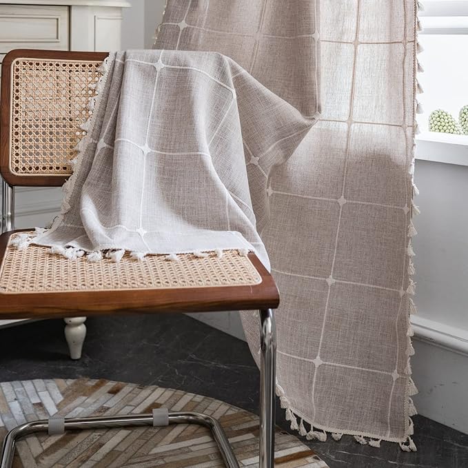 ColorBird Farmhouse Semi-Blackout Window Curtains 2 Panels Embroidery Lattice Cotton Linen Darkening Curtains with Tassel Rod Pocket Window Drapes for Dining Living Bedroom (52" W x 63" L, Linen)