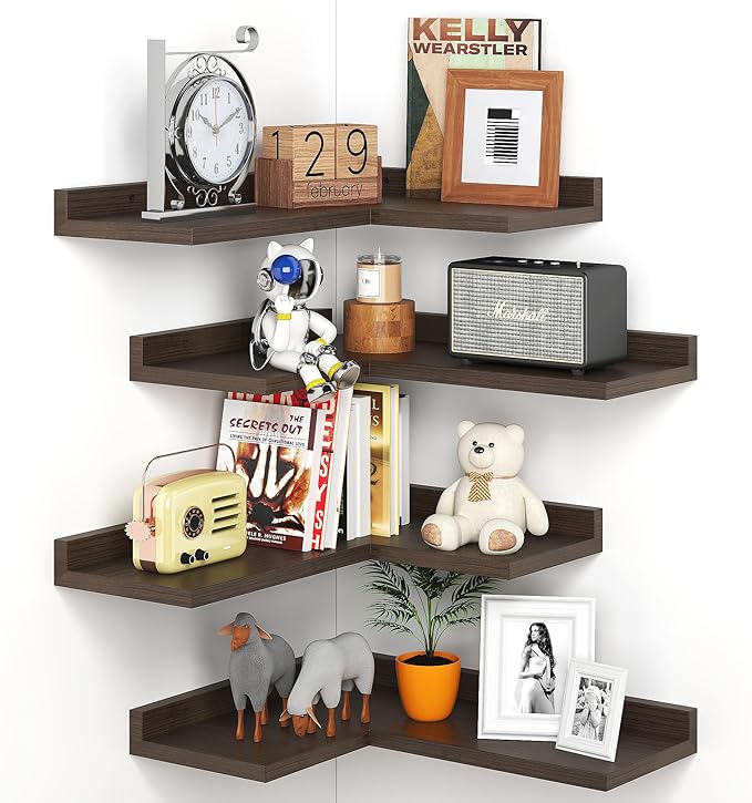 4 Tier Floating Corner Shelves - Set of 4 Rustic Wooden Floating Corner Wall Shelf with Cord Hole, L Shaped Corner Shelf Wall Mount for Bedroom,Living Room,Bathroom,Kitchen, Walnut Color
