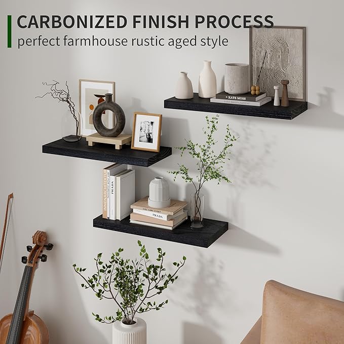 Marsmiles Wood Floating Shelves for Wall Set of 3, 17 Inch Wide Rustic Wooden Floating Shelves, Invisible Wall Mounted Display for Living Room Bedroom Kitchen Bathroom Office, Black