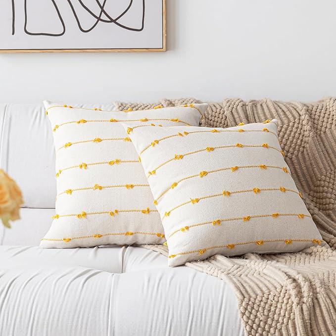 Boho Throw Pillow Covers 26x26 Set of 2 Modern Farmhouse Decorative Cushion Case Tufted Square Pillows Cover Neutral Pillow Cases Accent Pillowcase for Sofa,Couch,Bed,Beige and Yellow