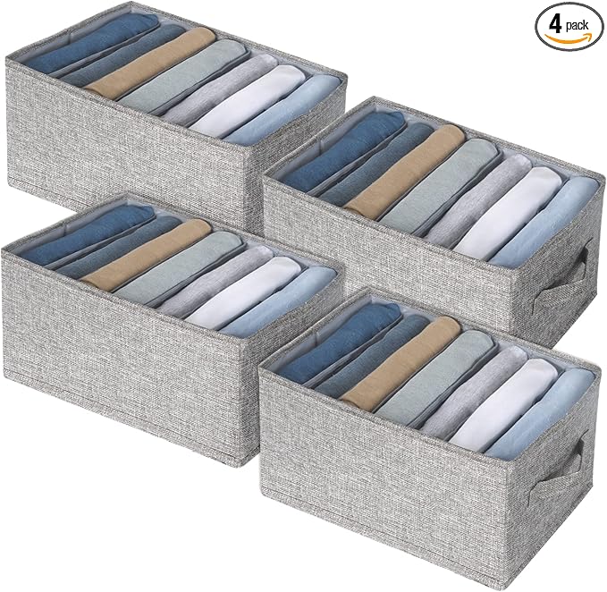 Fixwal 4pcs Wardrobe Clothes Organizer with Board Closet Organizers and Storage 7 Grids Divider Organizers Washable Compartment Storage Bins for Jeans T-shirt Pants Legging