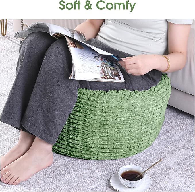 HOMBYS Unstuffed Ottoman Pouf Cover,Round Faux Fur Foot Stool, Fuzzy Chair, Floor Bean Bag(No Filler),Foot Rest with Storage for Living Room, Bedroom, Office, Striped Tufted (Sage Green)
