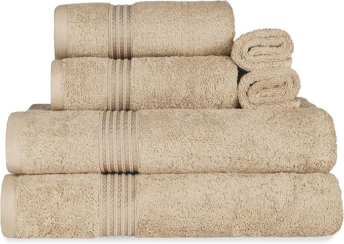 Superior Egyptian Cotton 6-Piece Towel Set, Bathroom Essentials, Towels For Bathroom, Apartment, Airbnb, Guest Bath, Face, Hand, Bath Towels, Washcloths, Absorbent, Fast Drying, Taupe