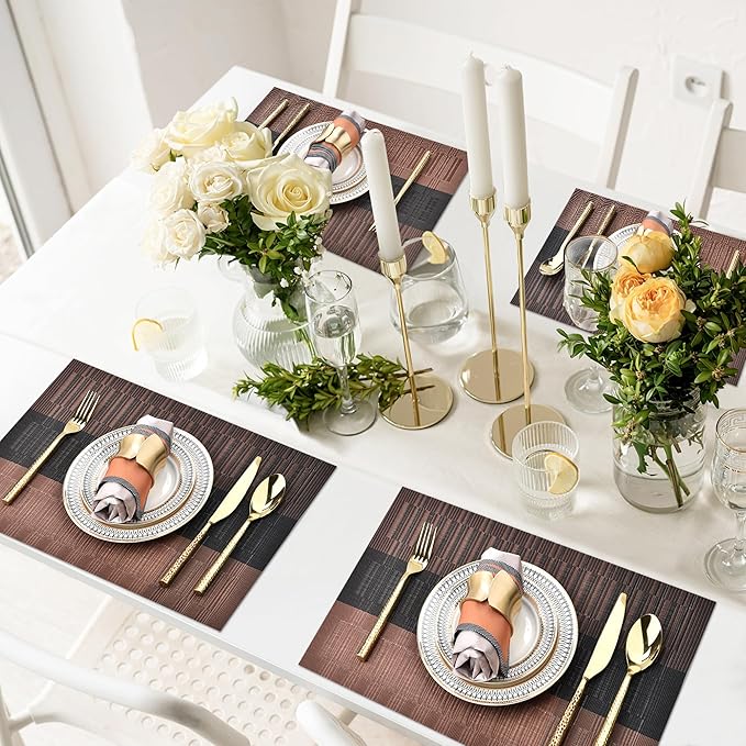 Placemats Set of 6 - Easy Clean Modern Durable Washable Vinyl Place Mats - Heat Resistant Placemats for Kitchen Table - PVC Table Mats for Dining Table (Brown Black, 6)