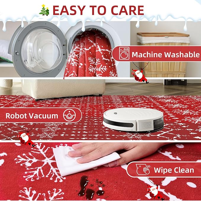 Christmas Area Rugs 8x10 for Living Room Red Snowflake Plaid Decorative Modern Rug Holiday Decor Geometric Non Slip Rug Washable Carpet for Bedroom Dining Room
