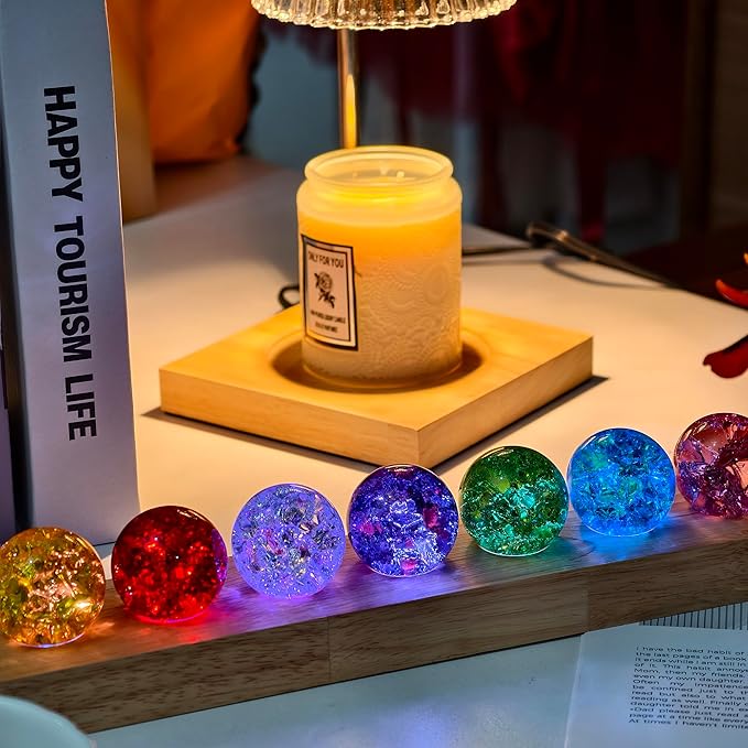 40mm 7 Colors Ice Cracked Glass Crystal Chakra Balls with LED Wooden Base Decorative Ornaments for Home Living Room, Night Sphere as Night Light Decoration and Healing Sphere