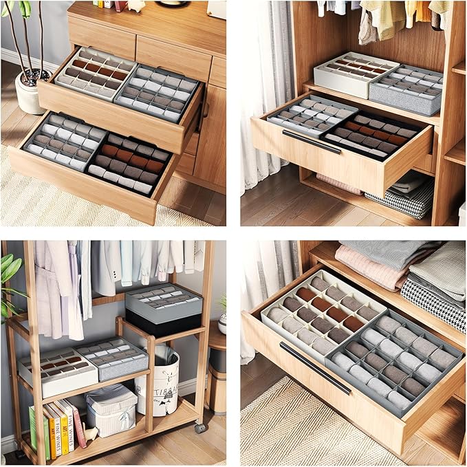 Joyoldelf Sock Drawer Organizer Divider Underwear Organizer 16-cell Fabric Dresser Drawer Organizers Storage Boxes for Socks Lingerie, Handkerchiefs, Ties 4 Pack (Beige)