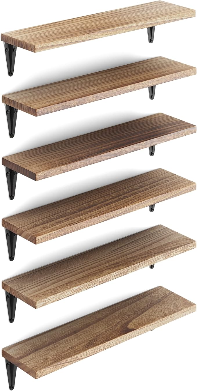 Wallniture Arras Floating Shelves for Wall, Wood Wall Shelves for Bedroom Decor, Burned Set of 6