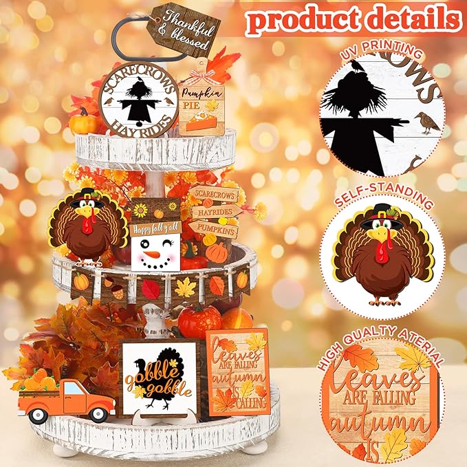 15 Pcs Fall Tiered Tray Decor Set Thanksgiving Fall Pumpkin Home Decorations Rustic Farmhouse Pumpkin Truck Wooden Sign Spice Blocks Autumn Wooden Sign for Festival Gift Tabletop