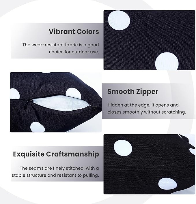 Eternal Beauty Set of 2 Outdoor Decorative Pillow Covers Waterproof Outdoor Pillow Covers for Spring Summer Patio Lumbar Pillows, Black Polka Dot, 12X20 inches