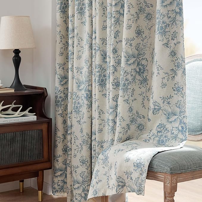 jinchan Blackout Linen Blend Curtain Floral Blackout Curtains for Living Room 90 Inch Length Blue Printed with Lined Blackout Curtain for Bedroom Farmhouse Curtains Set 2 Panels