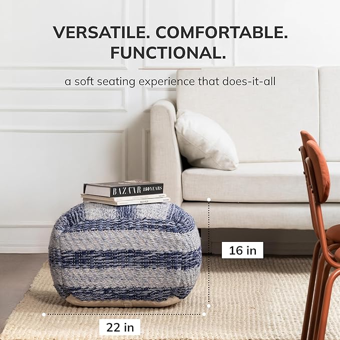 Anji Mountain 100% Handmade & Handcrafted Comfortable Home Décor Pouf Ottoman Footrest for Living Room, Bedroom, Nursery, Kidsroom, Patio Furniture - (22" x 22" x 16"- Navy,Ivory)