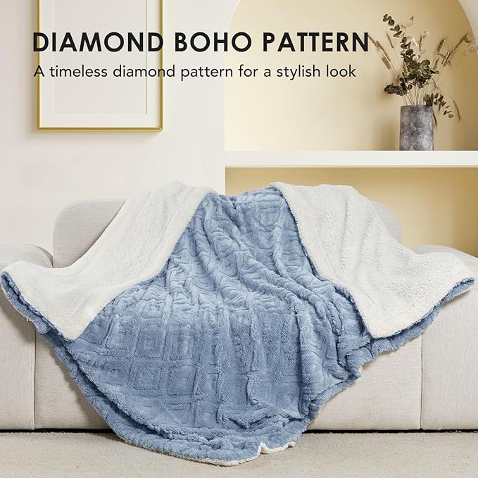 EVERGRACE Jacquard Boho Sherpa Fleece Throw Blanket for Couch, Super Soft Cozy Fuzzy Plush Blankets for All Seasons, Reversible Thick Warm Blanket for Bed, Sofa, Living Room, Blue Linen, 50" x 60"