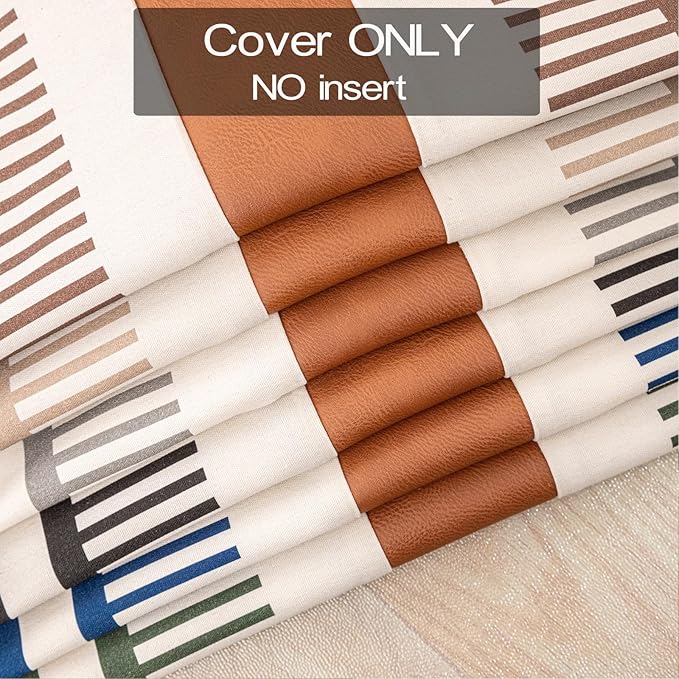 Farmhouse Striped Pillow Cover 18x18 Boho Accent Cushion Case Faux Leather Decorative Pillowcase,Black and Beige (Cover ONLY, Pack of 2)